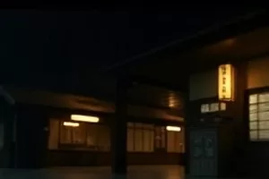 河对岸亮着一排暖黄色的窗，木桥上没有人